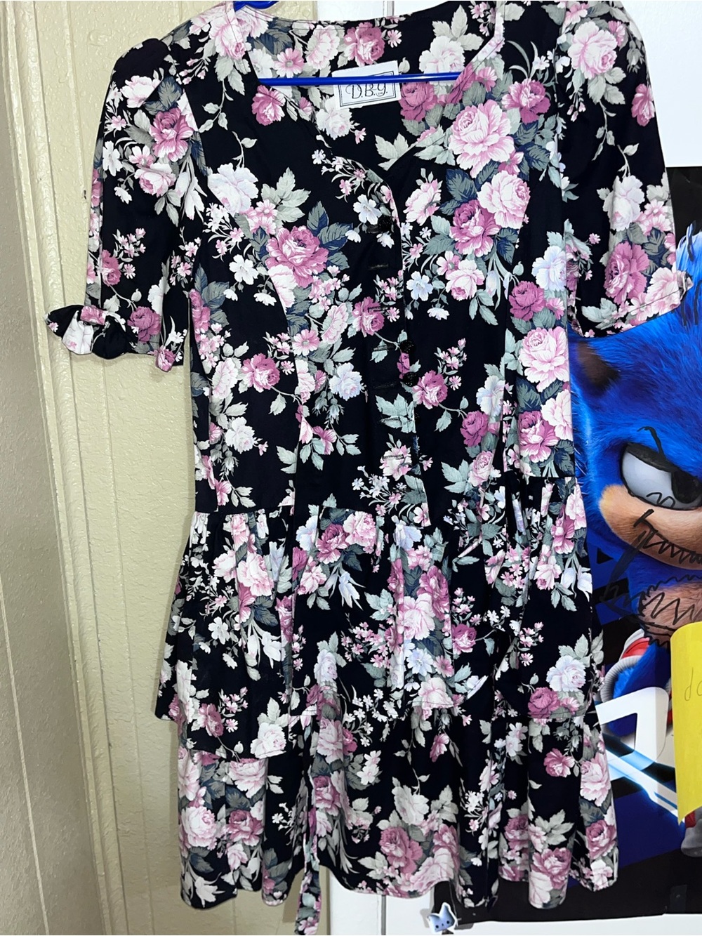 Set of 2 vintage Black Floral Short Sleeve Tiered Dress with Pink Roses